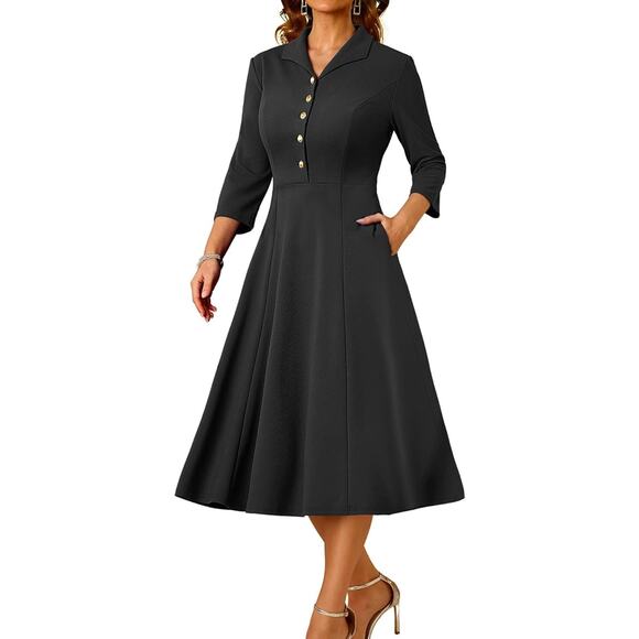 Unbranded Dresses & Skirts - Women's Cocktail Dresses, Vintage Tea Party 3/4 Sleeves with Pocket, Black, XXL